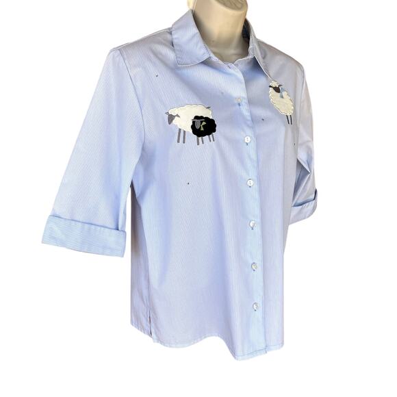 Vtg Allison Daley Cotton Blend Pinstripe Button Shirt 3/4 Sleeve 12P Sheep Bling - Picture 2 of 10